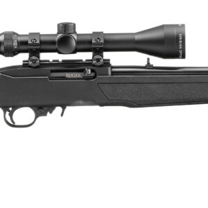 Black rifle with mounted scope on white background