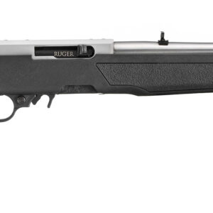 Side view of a silver rifle with black stock.