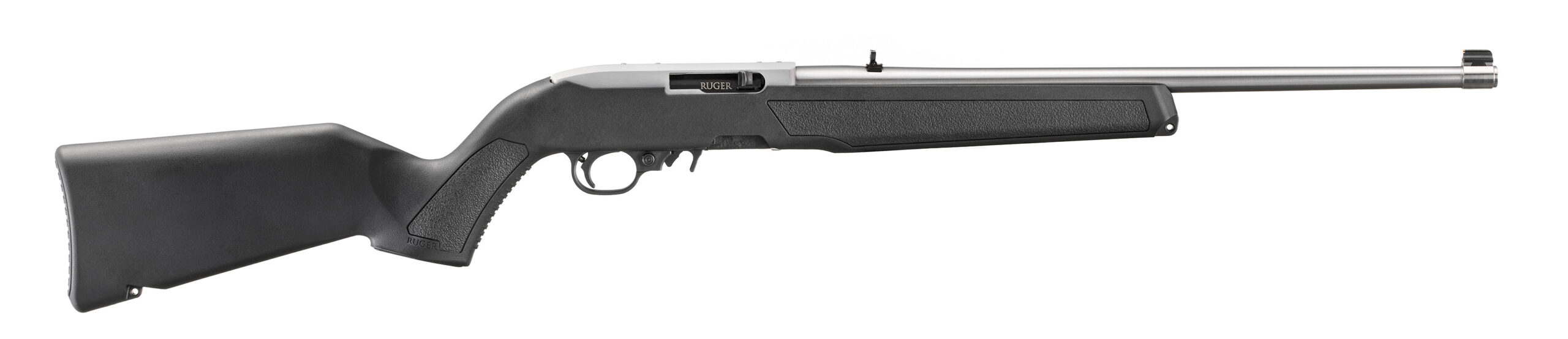 Side view of a silver rifle with black stock.