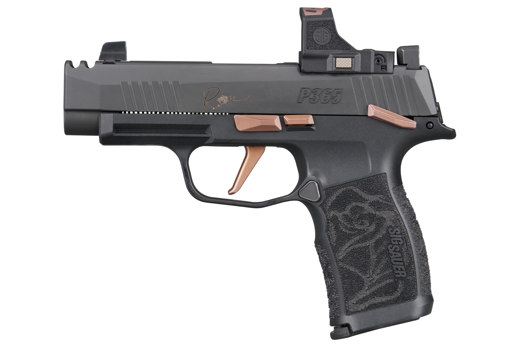 SIG Sauer P365 pistol with rose gold accents.
