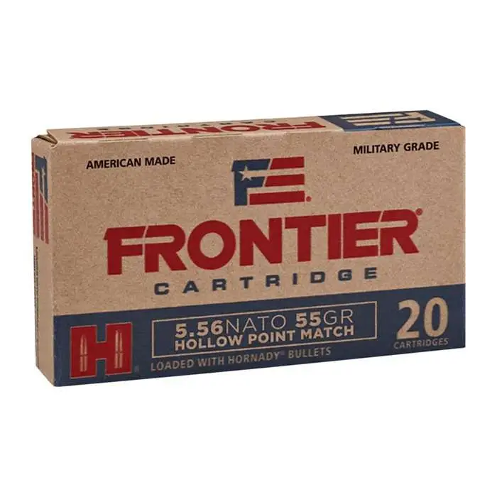 Box of Frontier 5.56 NATO cartridges, military grade.