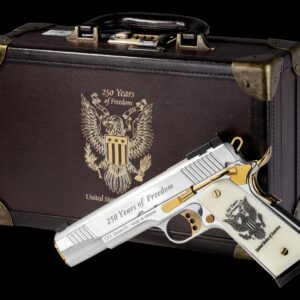 Decorative pistol displayed with a leather case.