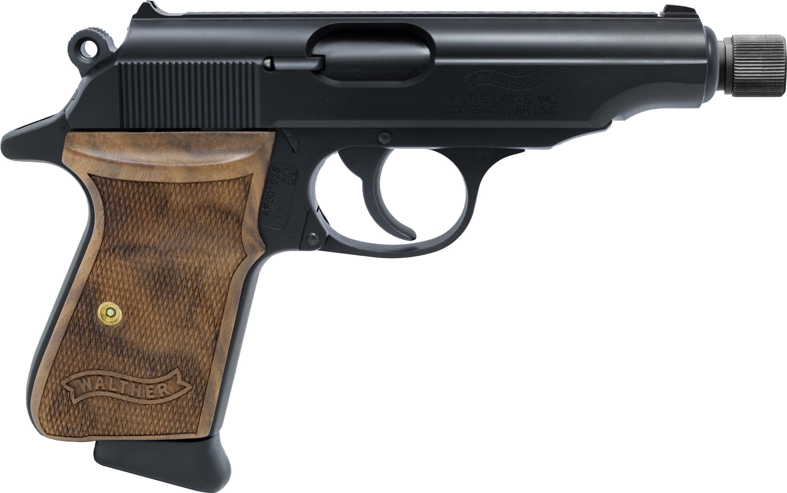 Walther PP handgun with wooden grip.