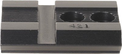 Black metal component with two holes and grooves.