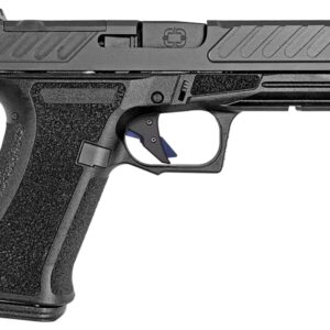 Side view of a modern semi-automatic handgun.