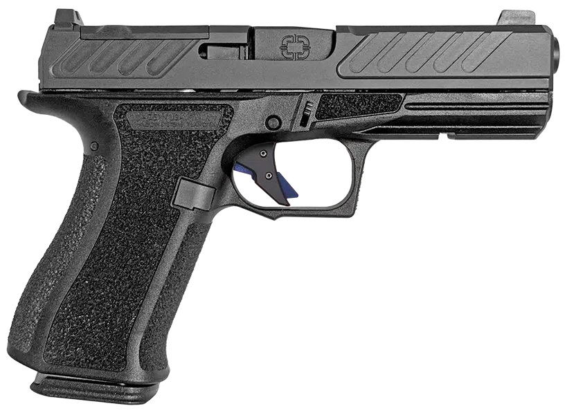 Side view of a modern semi-automatic handgun.