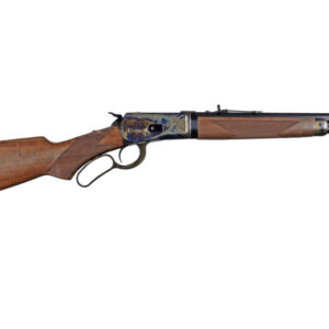 Side view of a vintage lever-action rifle.