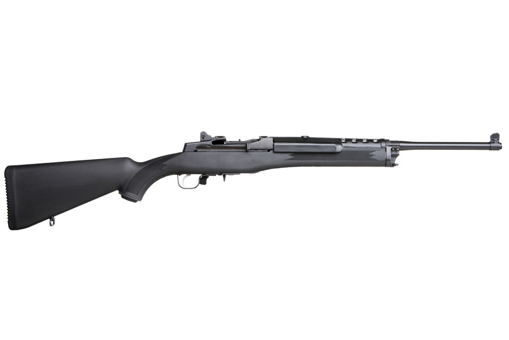 Side view of a black rifle on white background.