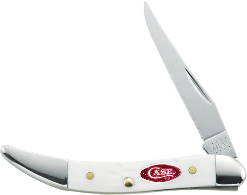Close-up of a folding knife with white handle