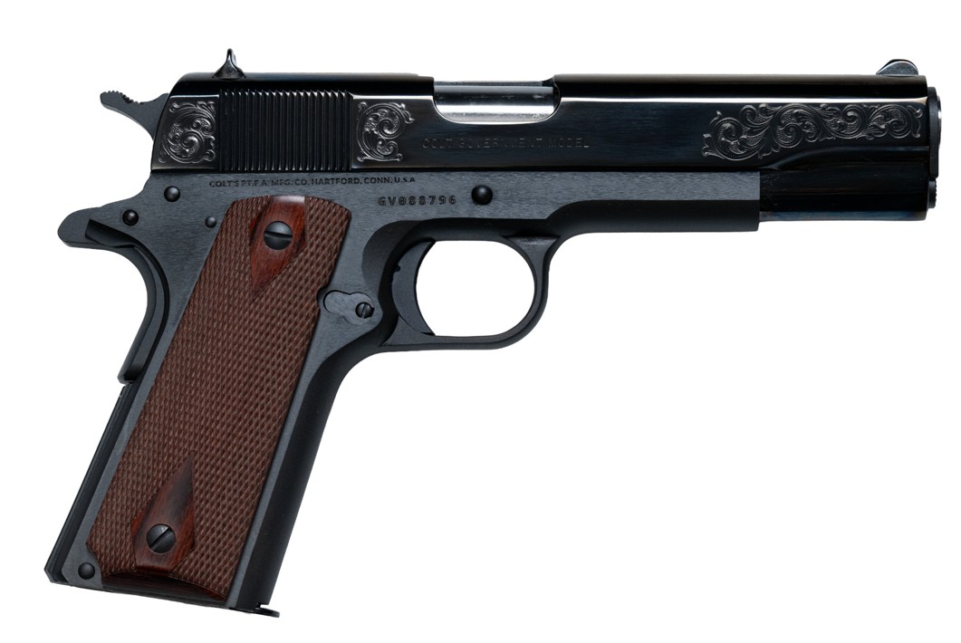 COLT 1911 GOVERNMENT CLASSIC 45ACP 5IN BARREL 7RD BLACK DLC/GOLD SCROLL BARLEYCORN O1911C-CX003T