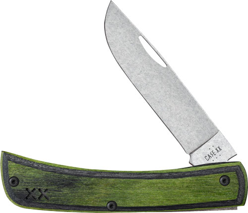Folded knife with green handle and silver blade.