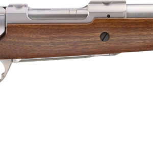 Side view of a wooden stock rifle.