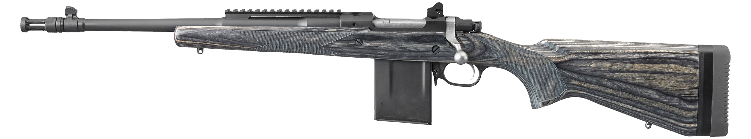 Side view of a modern rifle with wooden stock.