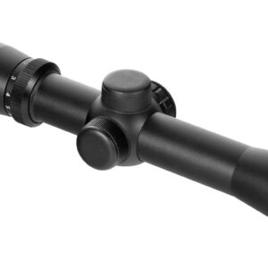 Black rifle scope with adjustable knobs.