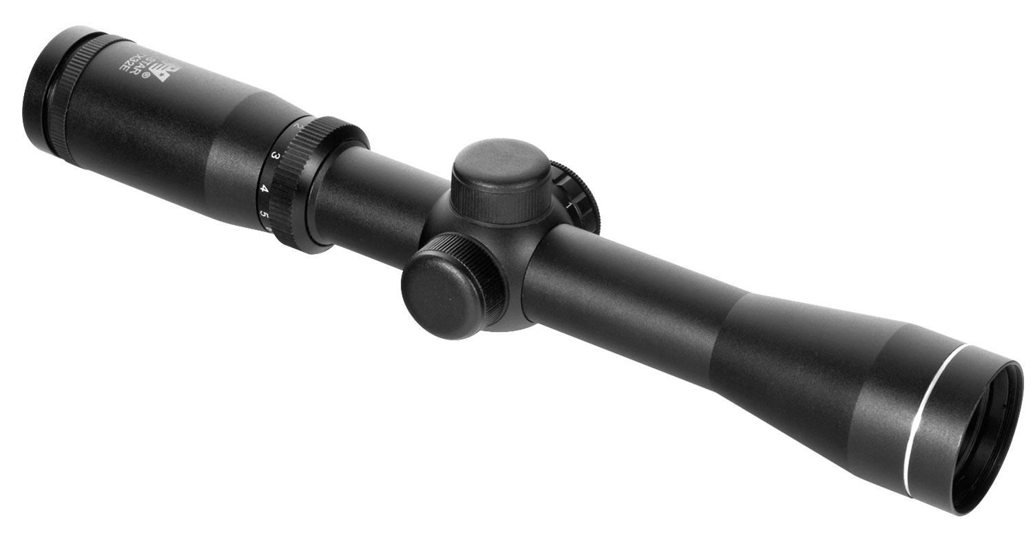 Black rifle scope with adjustable knobs.