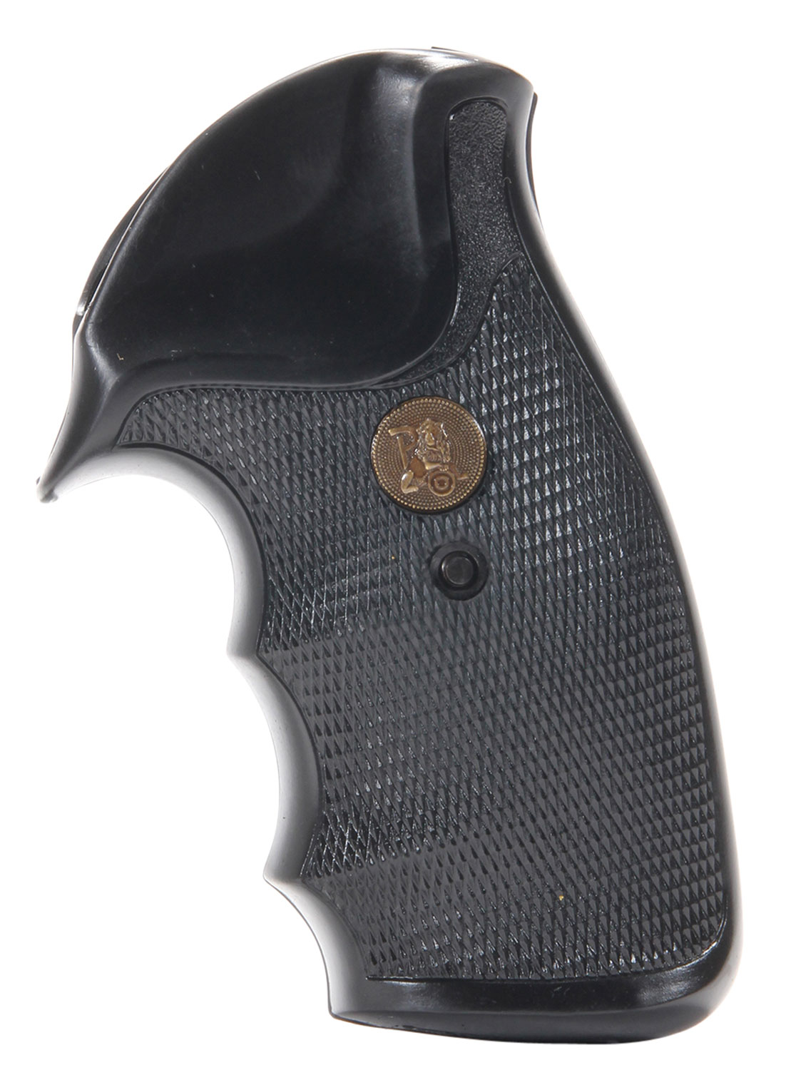 Black firearm grip with textured surface.