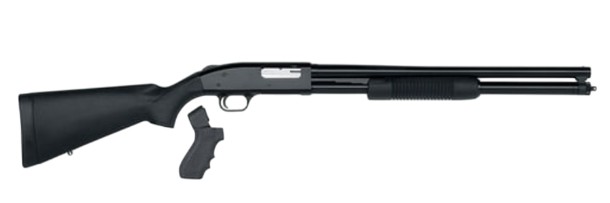 Black pump-action shotgun on white background.