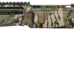 Camouflaged shotgun design in a side view.