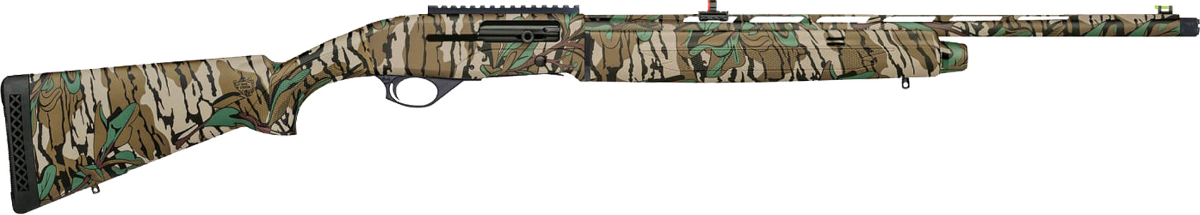 Camouflaged shotgun design in a side view.