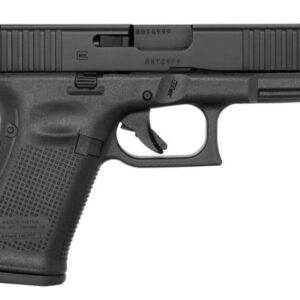 Black semi-automatic handgun on white background.