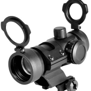 Close-up of a rifle scope with lens covers.