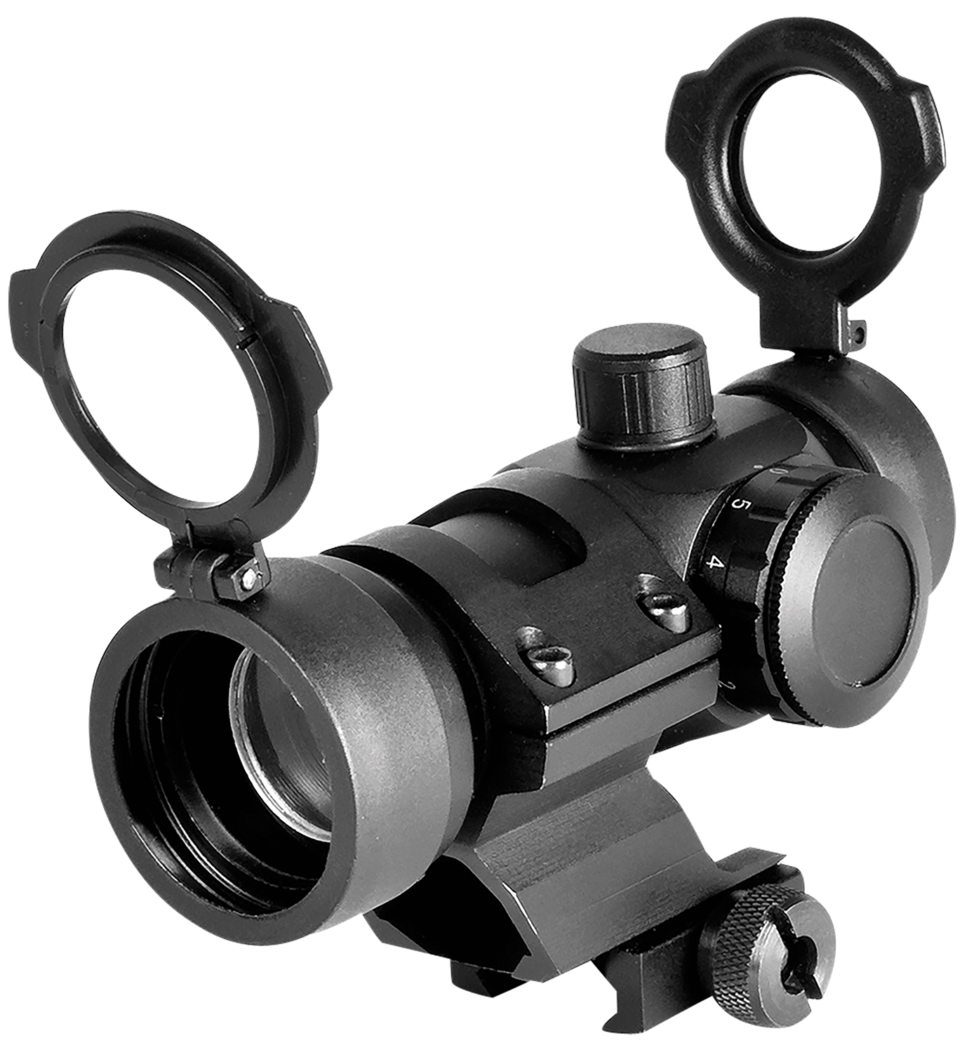 Close-up of a rifle scope with lens covers.