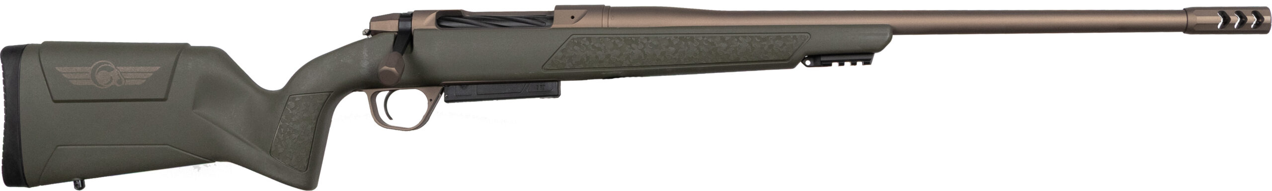 Side view of an olive green hunting rifle.
