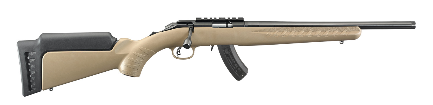Sleek modern rifle with a tan stock.