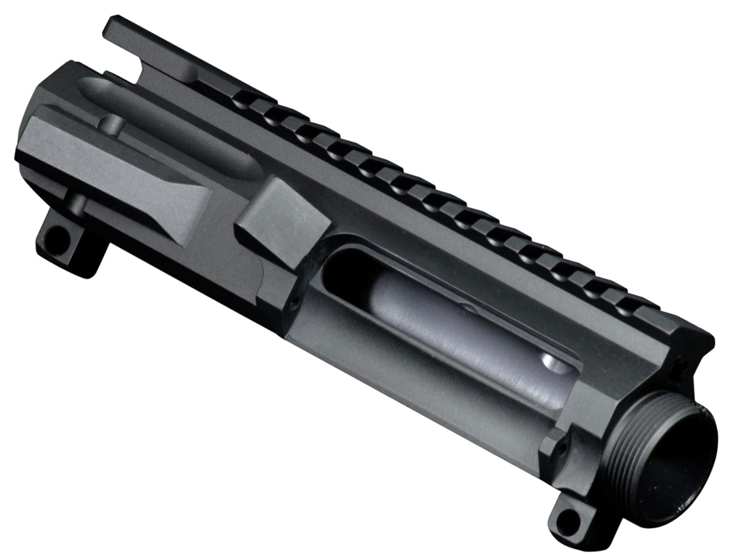 Close-up of a black firearm upper receiver.