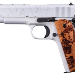 Silver handgun with engraved wooden grip