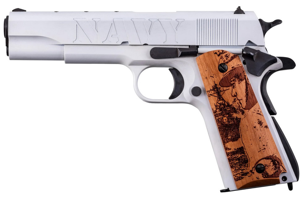 Silver handgun with engraved wooden grip