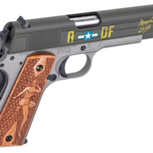 Decorative pistol with etched wooden grip.