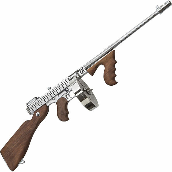 Stylized gun with wooden grip and silver finish.