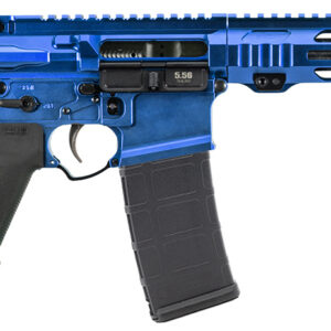 Blue AR-15 style rifle with modern features.