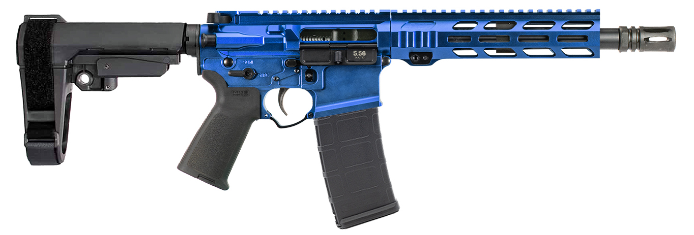Blue AR-15 style rifle with modern features.