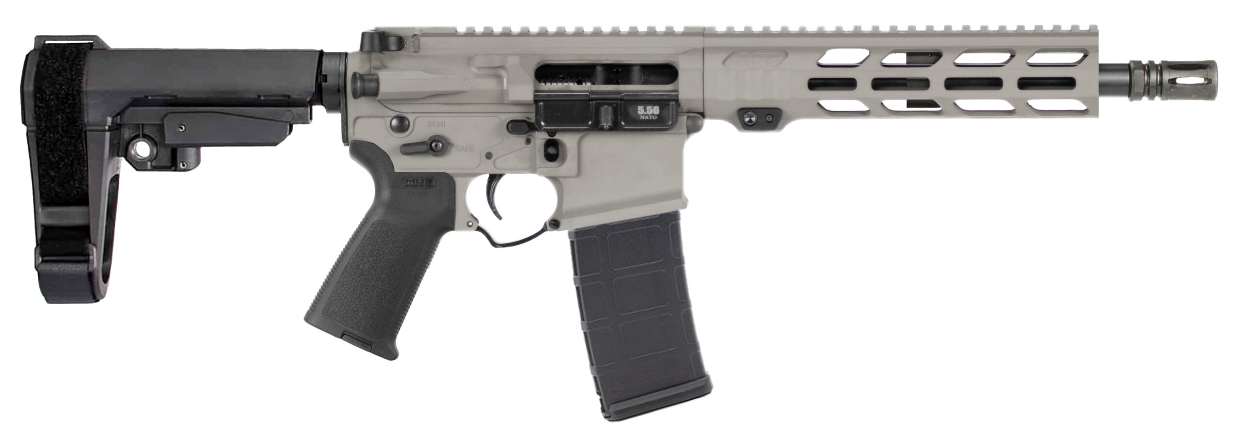 Modern firearm with adjustable stock and magazine.