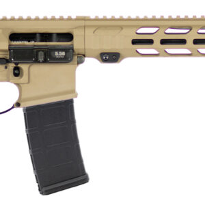 Tan semi-automatic rifle with modern design features.