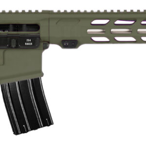 Olive green modern rifle with tactical features