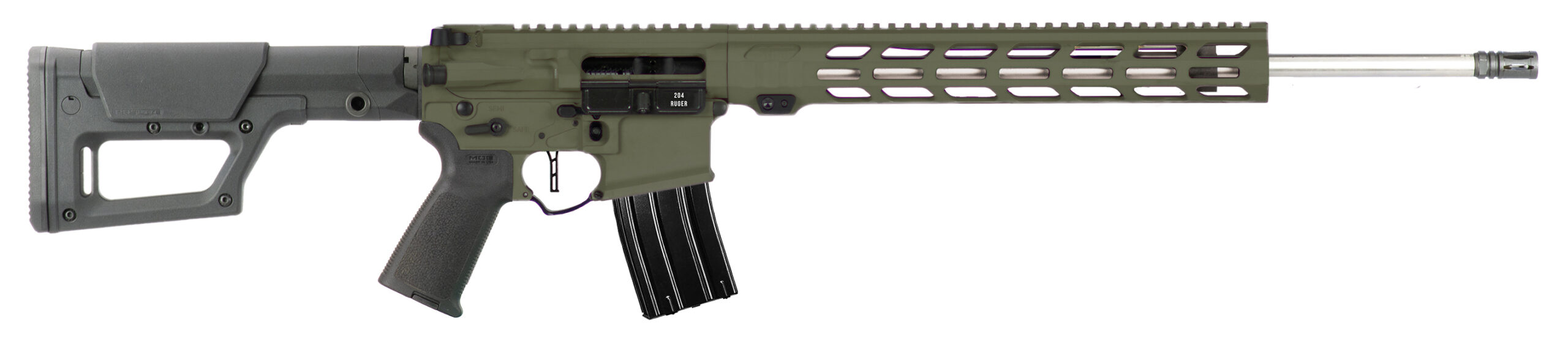 Olive green modern rifle with tactical features