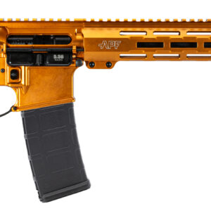 Detailed view of an orange rifle with black components.