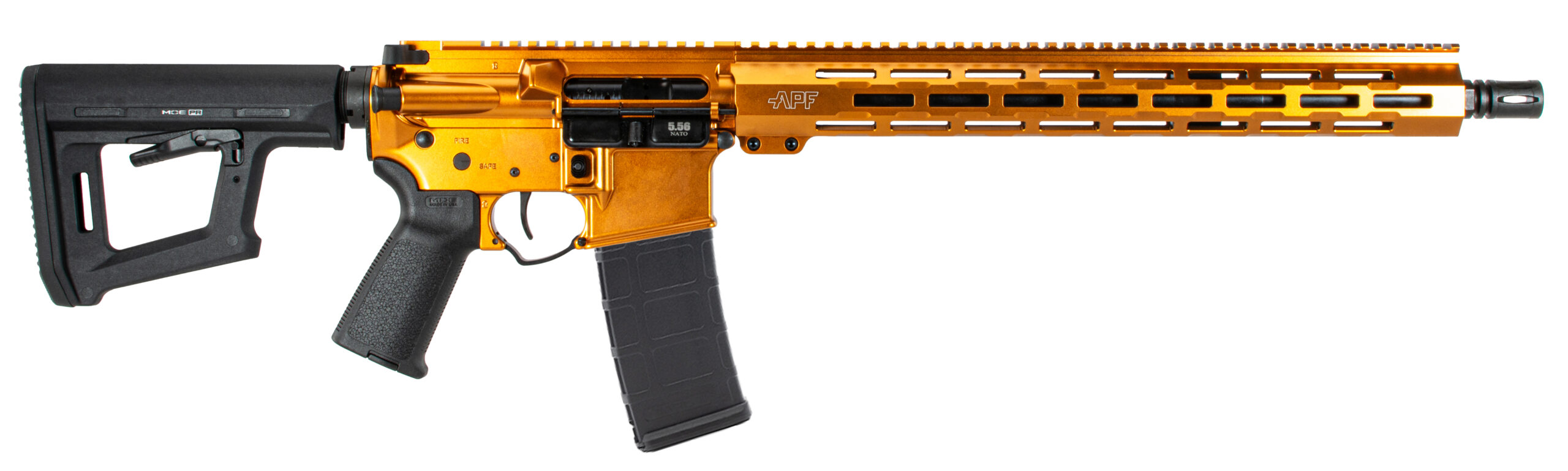 Detailed view of an orange rifle with black components.