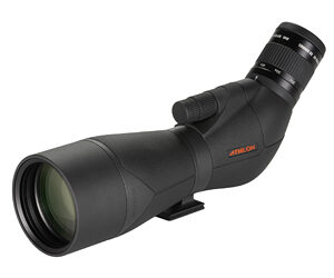 Black angled spotting scope with large objective lens.