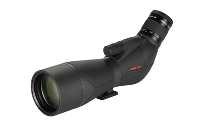 Black angled spotting scope with large objective lens.