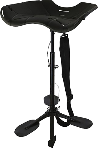 Adjustable black stool with back support.