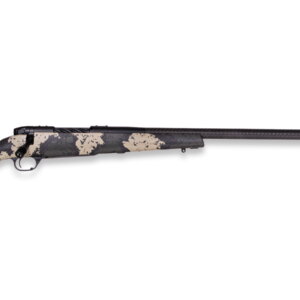 Side view of a camouflaged hunting rifle.