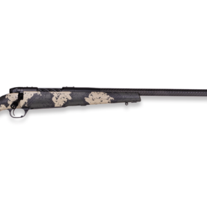 Side view of a camouflaged hunting rifle.