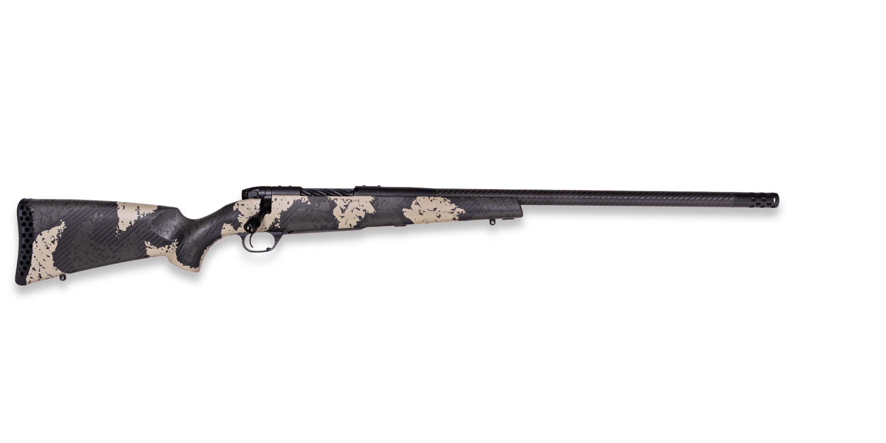 Side view of a camouflaged hunting rifle.