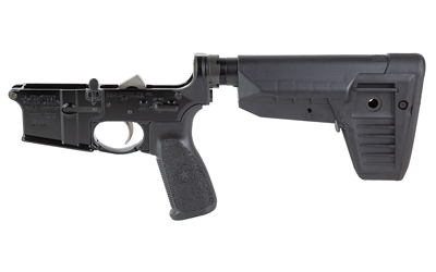 Black firearm lower receiver with adjustable stock