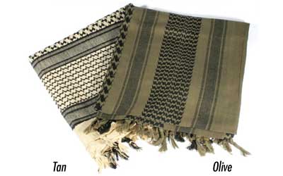 Tan and olive-patterned scarves displayed together.