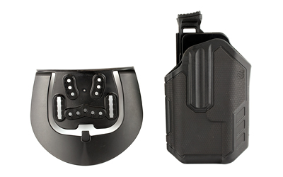 Black holster and mounting plate for accessories.